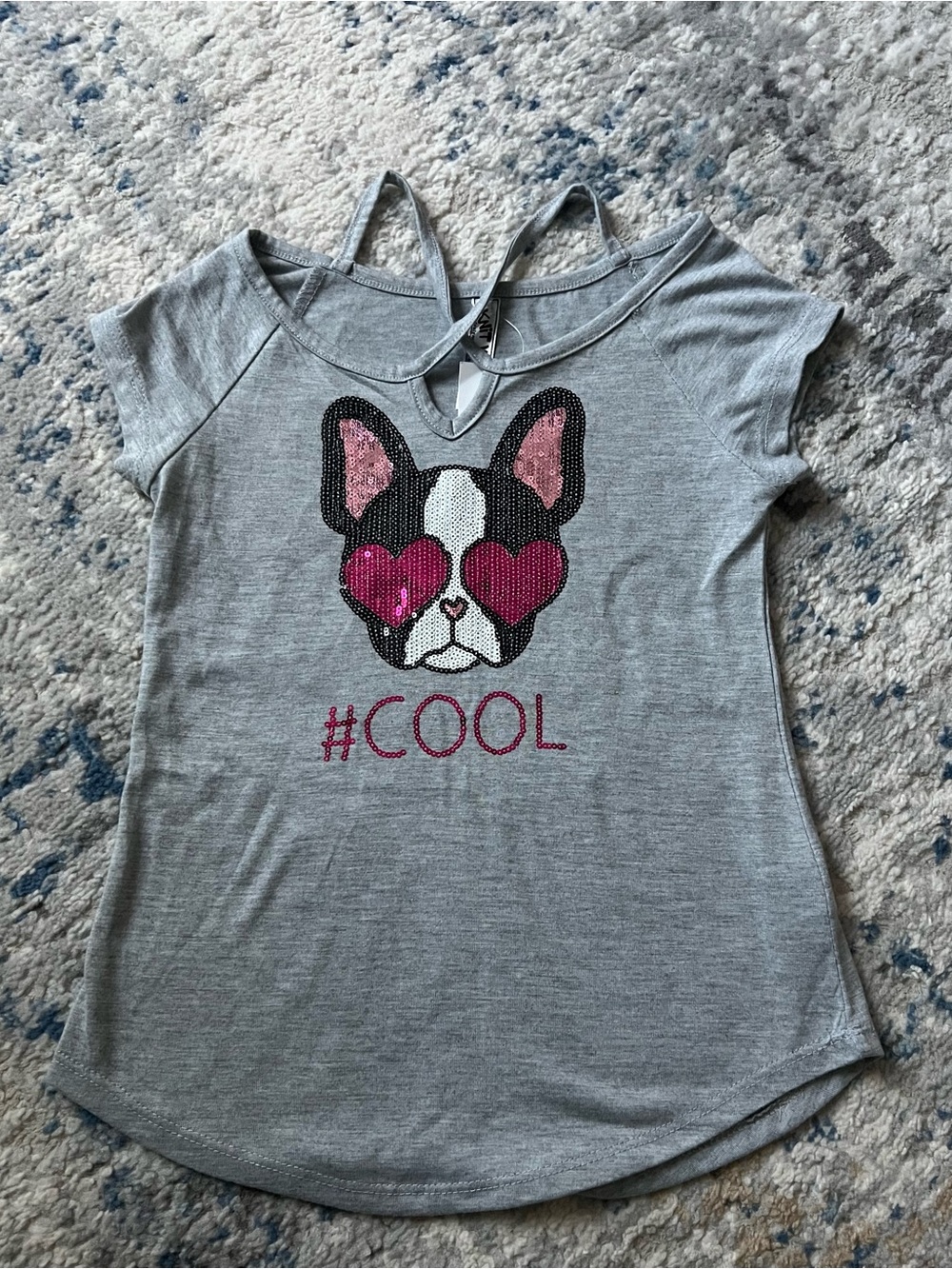 Knitworks Gray Tee with Pink Sequin Dog Heart Eyes